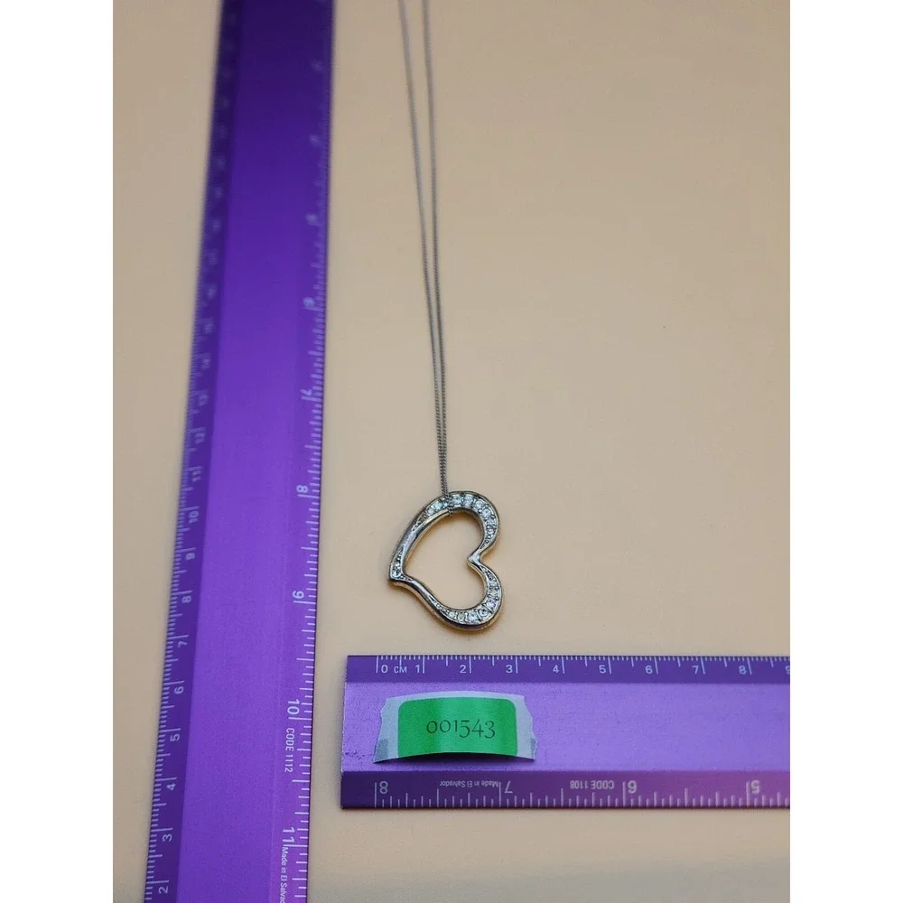 Tilted Heart Signed 925‎ Sterling Silver Plate With CZ Accents Necklace